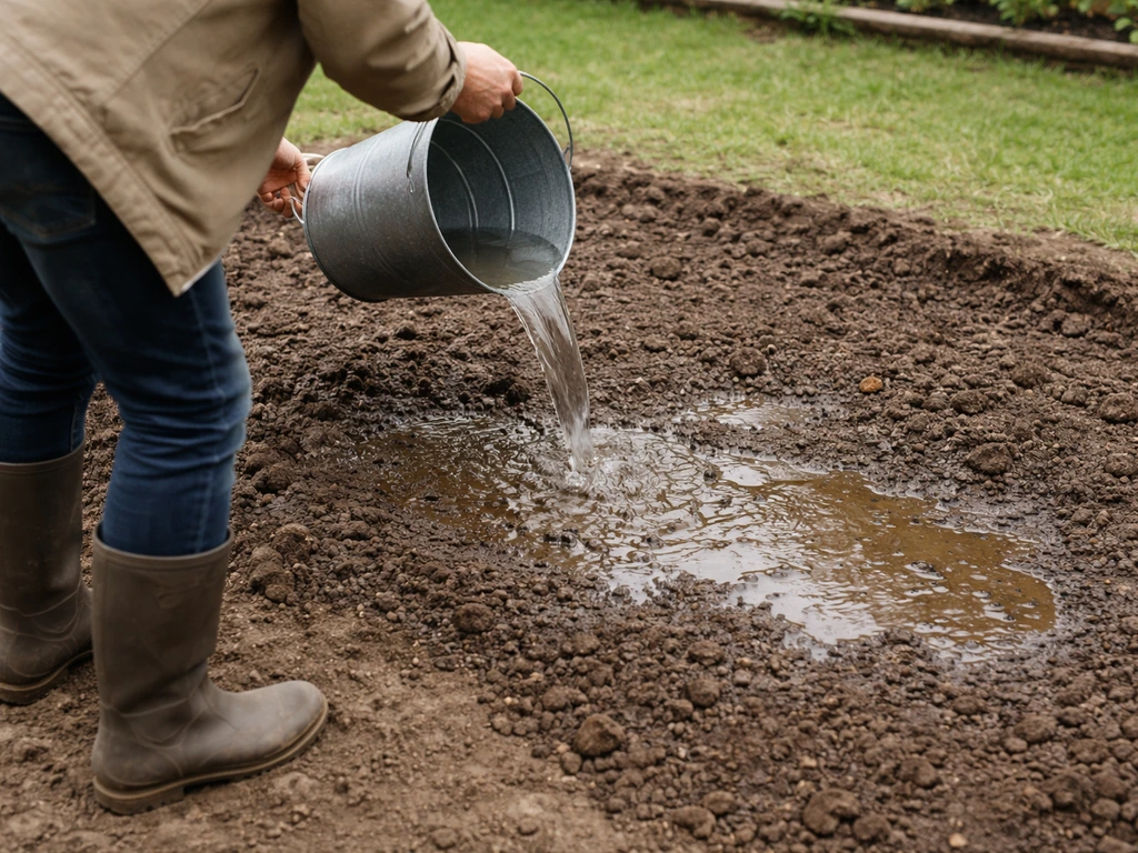 Un seau d’eau verse sur une terre argileuse où l’eau stagne, montrant un drainage insuffisant.