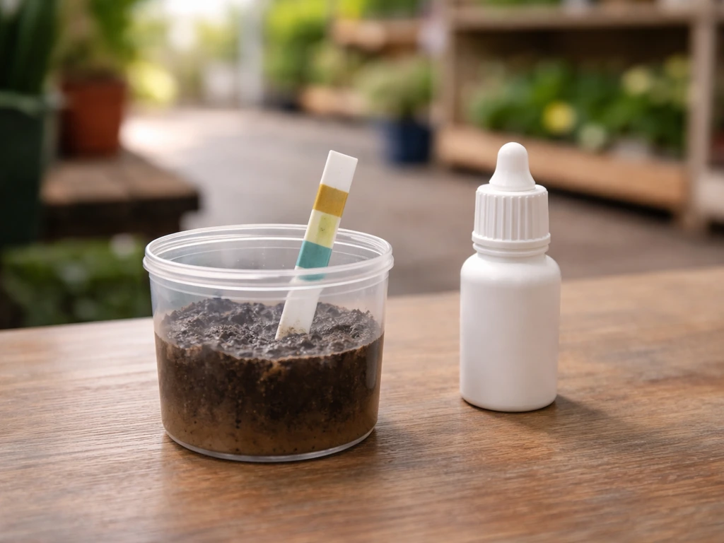 Kit de mesure du pH du sol en jardinerie avec échantillon de terre et bandelette de test.