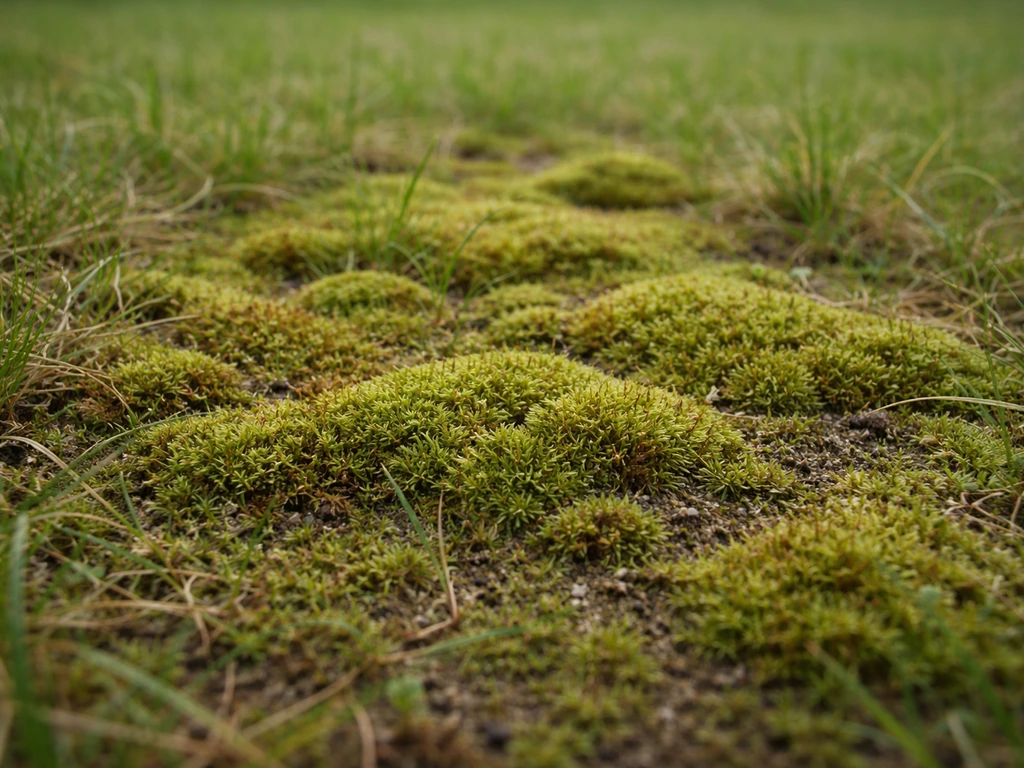 Gros plan sur un tapis de mousse spongieux vert-brun enraciné superficiellement dans le gazon.