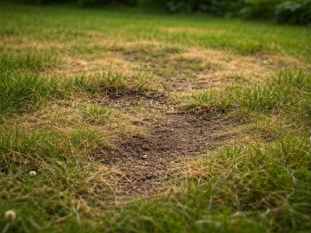 Pelouse abîmée, zones jaunies et clairsemées montrant la texture du gazon attaqué par les tipules.