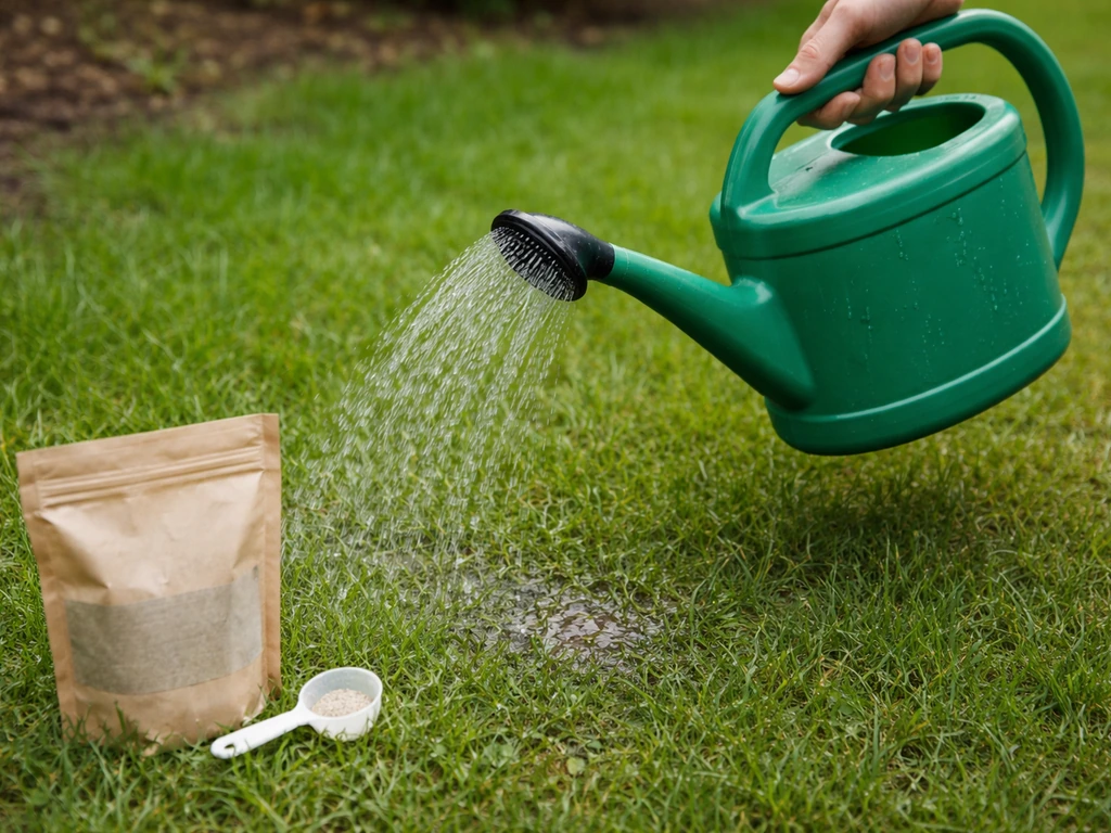 Arrosage d’une pelouse humide avec un arrosoir, sachet bio de nématodes au sol, sans texte lisible.