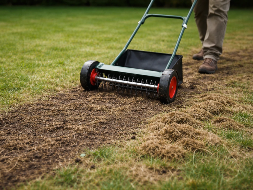 Scarificateur travaillant une pelouse dégarnie, sol aéré après défeutrage avant sursemis.