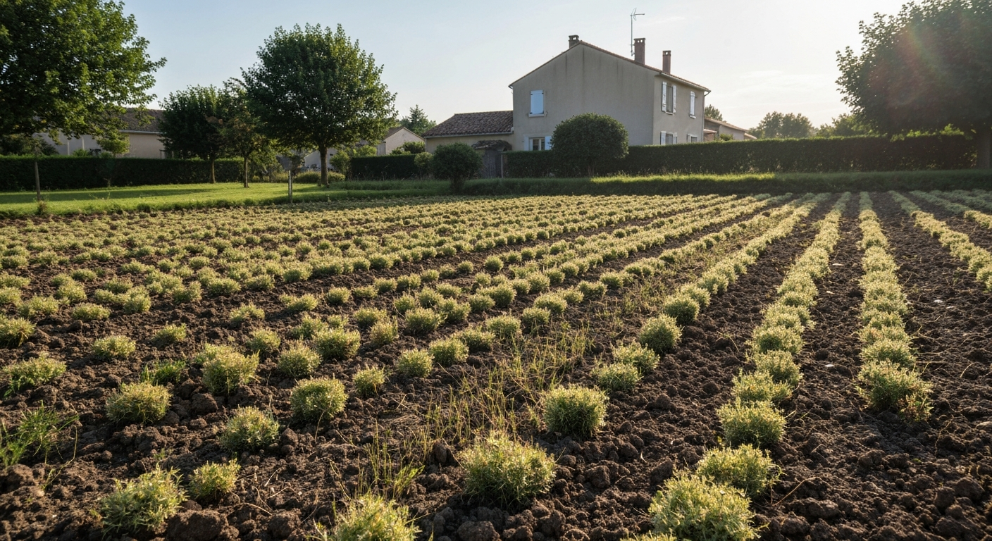 Pelouse française avec plusieurs taupinières visibles au premier plan (monticules de terre).
