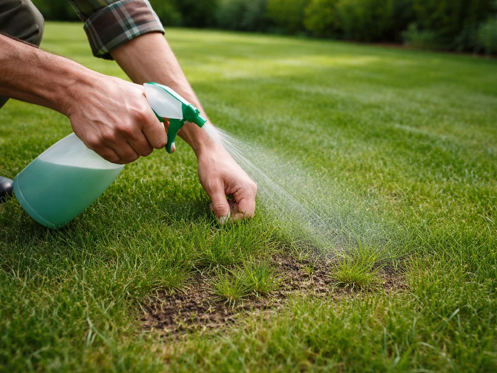 Pulvérisation d’un produit anti-mousse sur une pelouse, avec zones traitées et herbe regarnie visible.