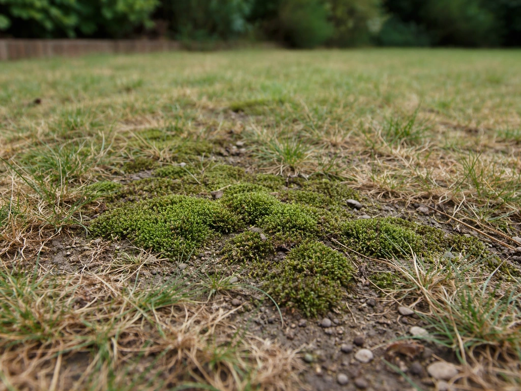 Pelouse de jardin avec mousse visible et zones dénudées, vue au ras du sol pour un diagnostic rapide.