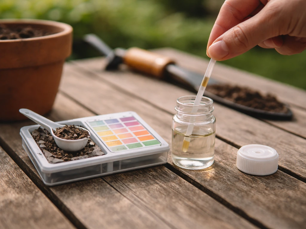 Kit de test de sol et bandelette de pH sur une table, lumière naturelle, pour diagnostiquer le retour de la mousse.
