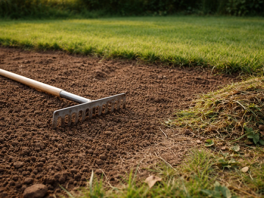 Sol de jardin nettoyé et légèrement ameubli avec un râteau, herbe morte retirée au bord de la zone.
