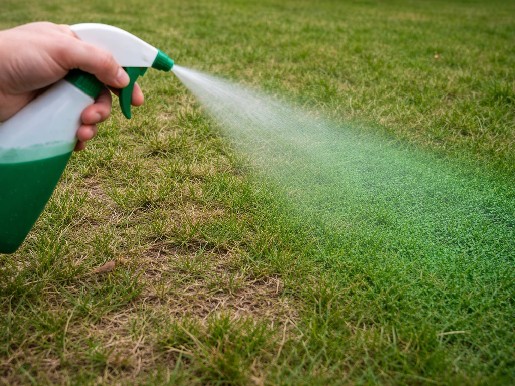 Pulvérisation d’un liquide vert par un pulvérisateur sur une pelouse, en balayages réguliers, zone uniformément couverte