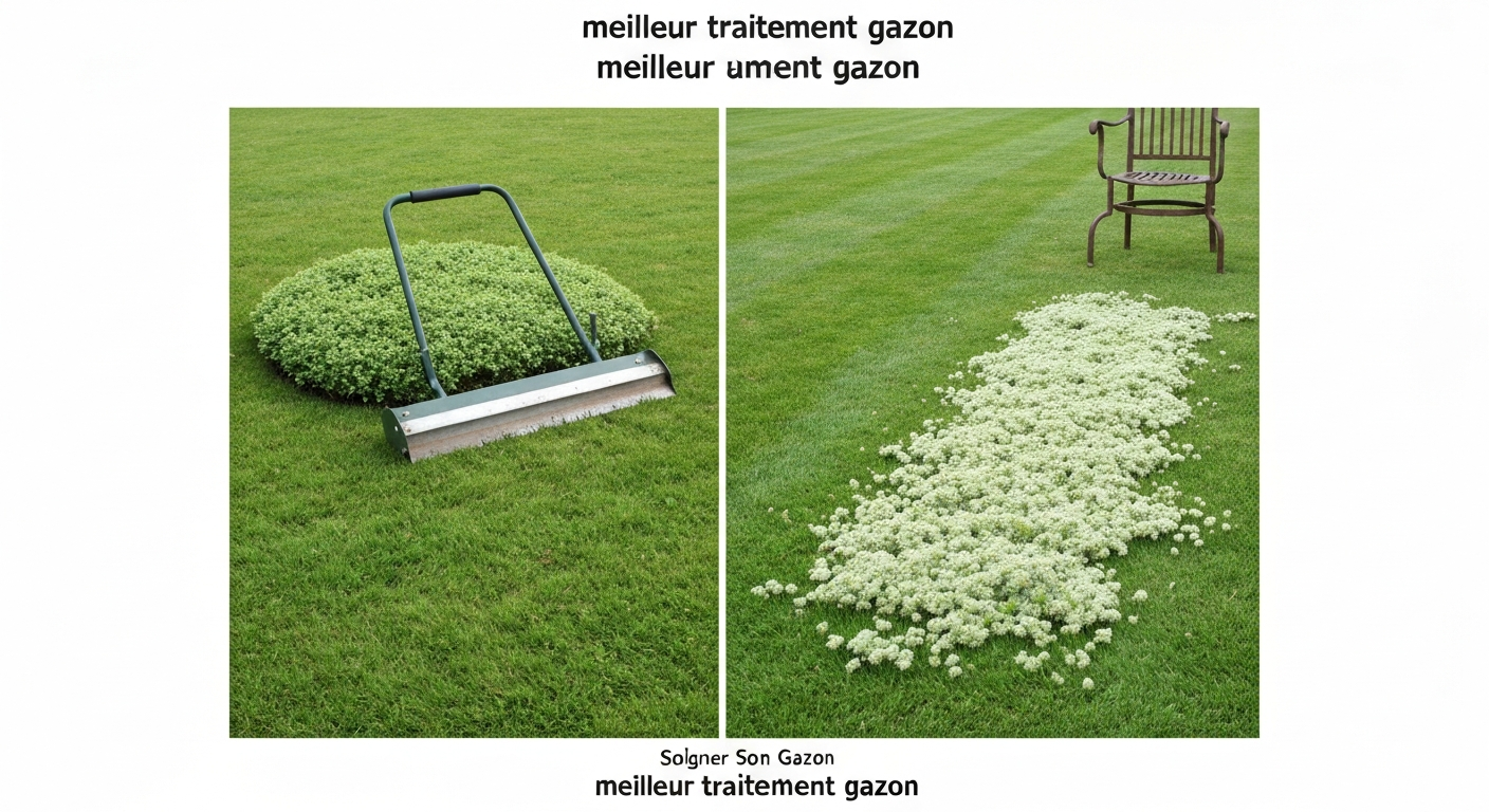 Pelouse divisée : moitié saine verte et moitié envahie de mousse, râteau et arrosoir en arrière-plan.