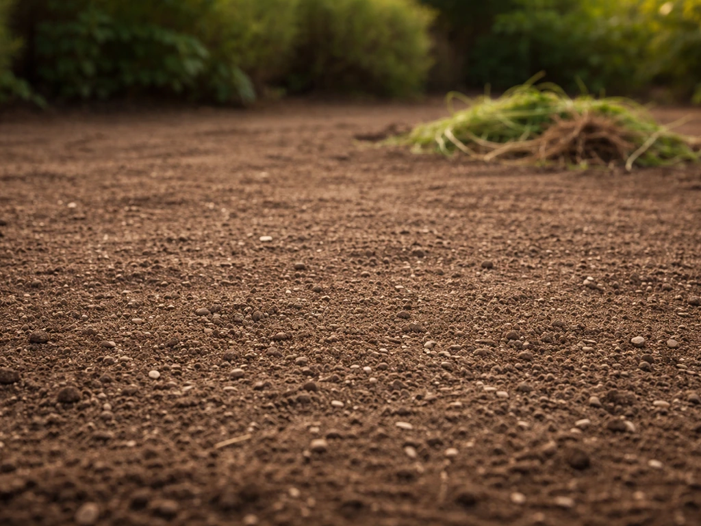 Sol fin ameubli prêt à semer le gazon, avec quelques graines et des mauvaises herbes arrachées en arrière-plan.
