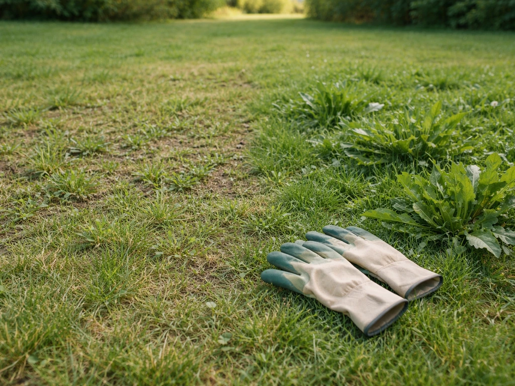 Pelouse divisée en deux zones : jeunes herbes annuelles fines et touffes de vivaces, avant intervention.