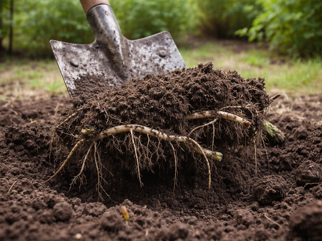 Pelle soulevant une motte : on voit des rhizomes et racines profondes sous la terre dans un jardin.