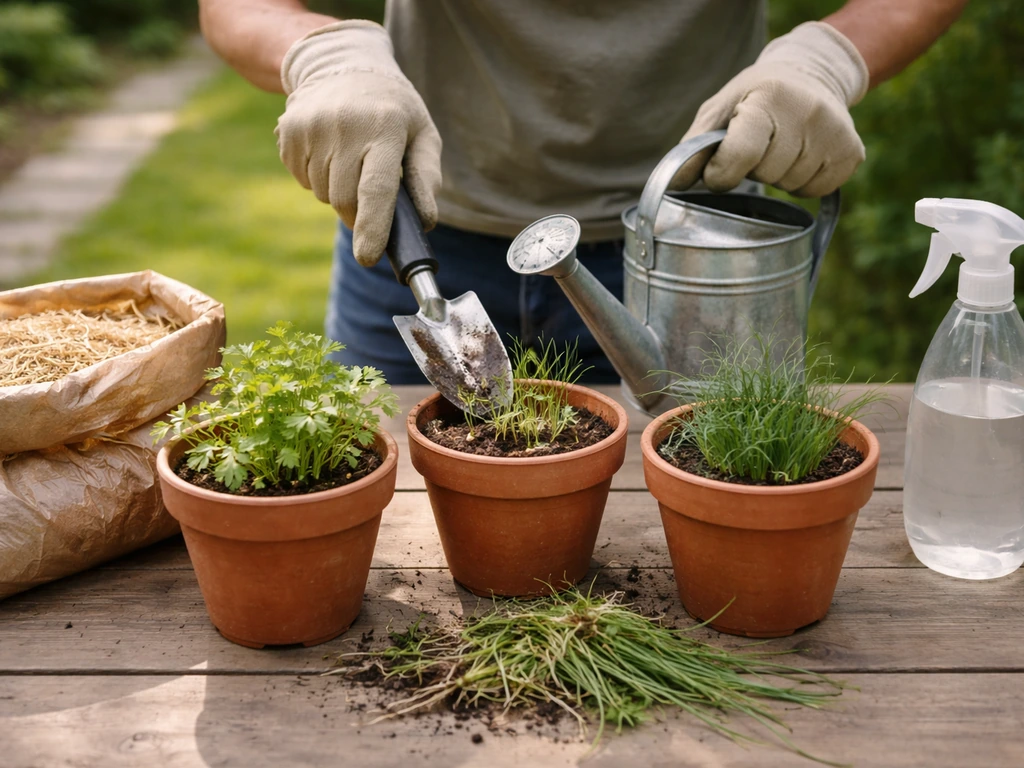 Table de jardinage avec pots d’herbes et gants près d’une allée, ambiance comparatif écologique
