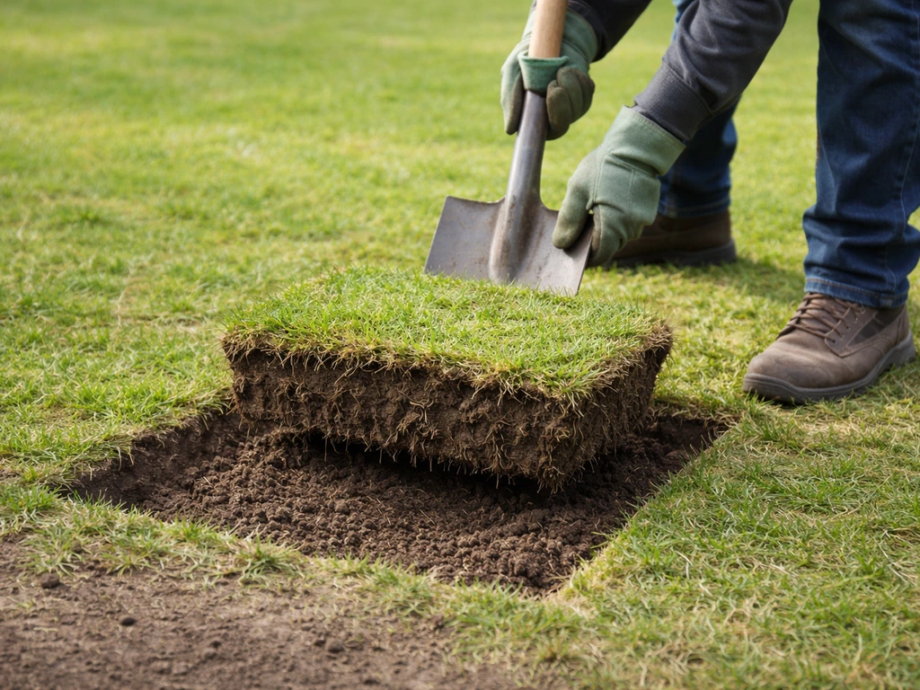 Jardinier découpant un carré de gazon à la bêche et retournant la motte pour inspecter le sol
