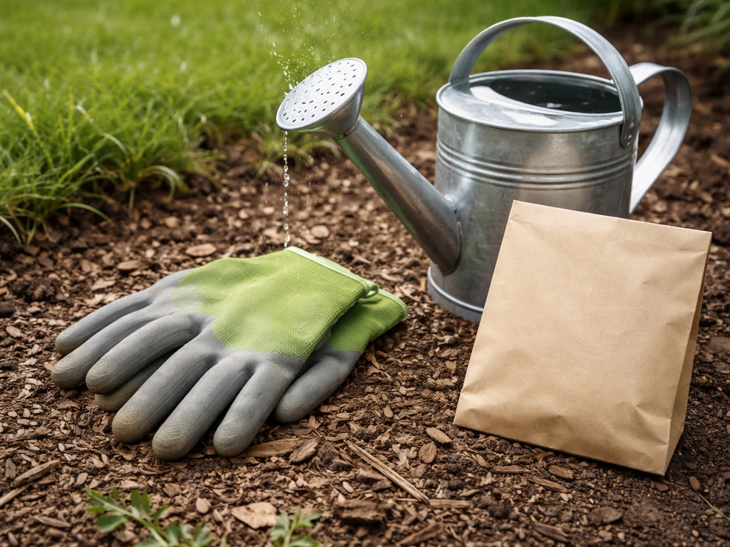 Gros plan sur des gants de jardinage près d’un sac de produit, avec un arrosoir et des précautions avant traitement.