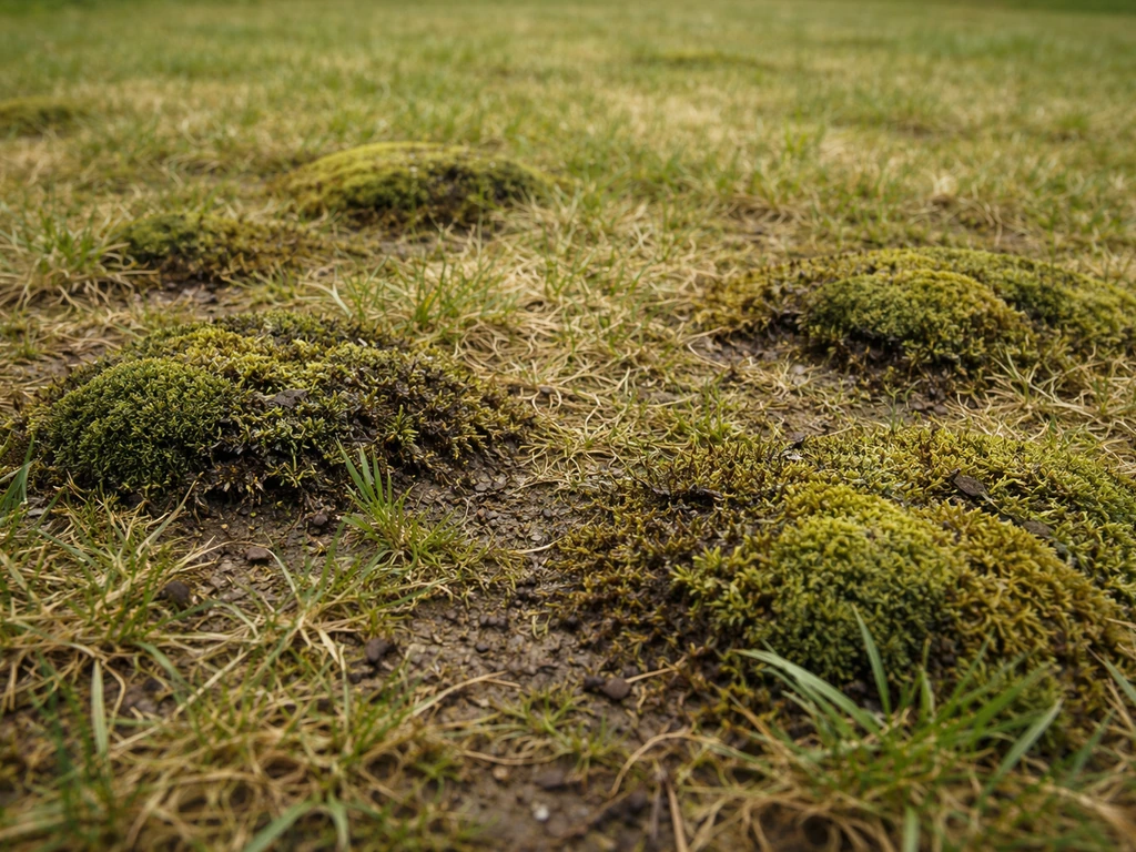 Pelouse avec taches de mousse noire et verte bien visibles, sol humide et zones clairsemées