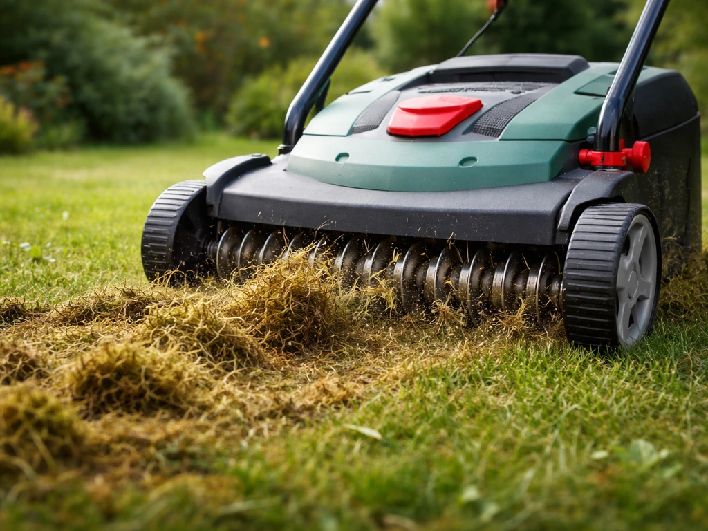 Scarificateur en action sur une pelouse, lames traversant le feutre et dégageant la mousse.