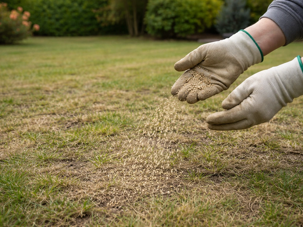 Pelouse regarnie après scarification : mains qui répartissent des graines près d’un sol gratté