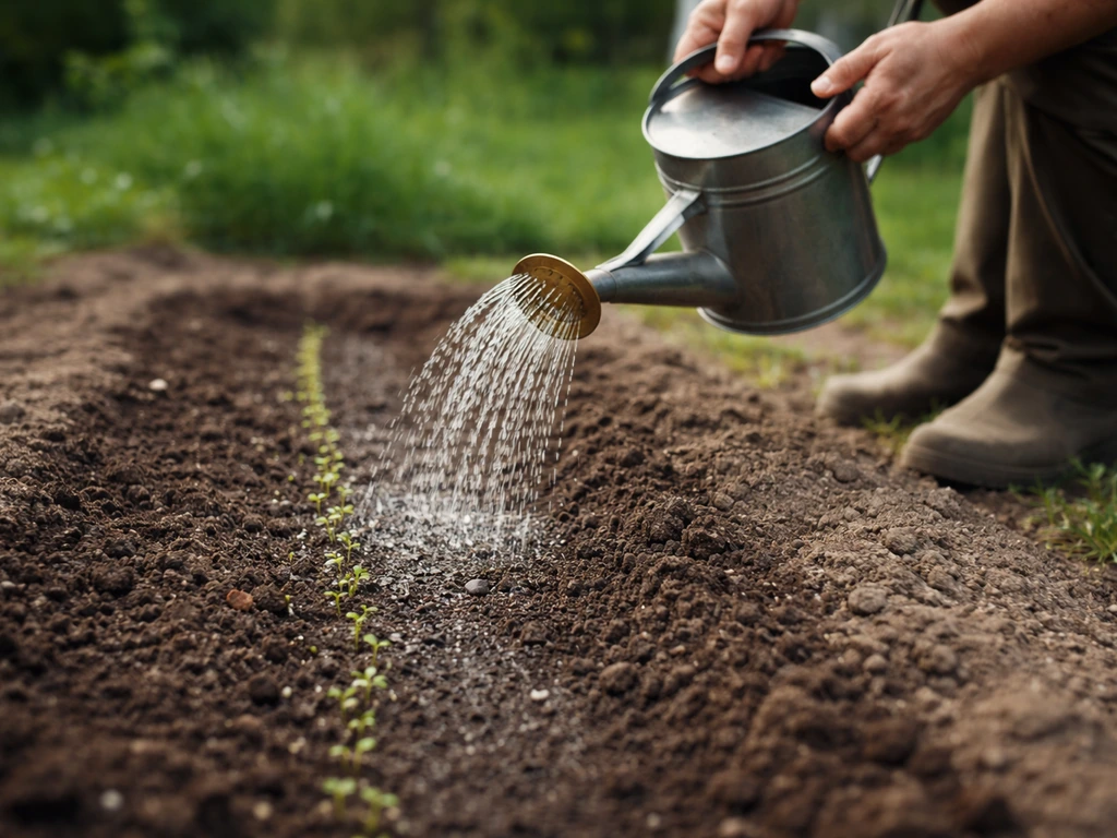 Mains arrosant délicatement des semis avec un arrosoir fin, sol humide sur les premiers centimètres.