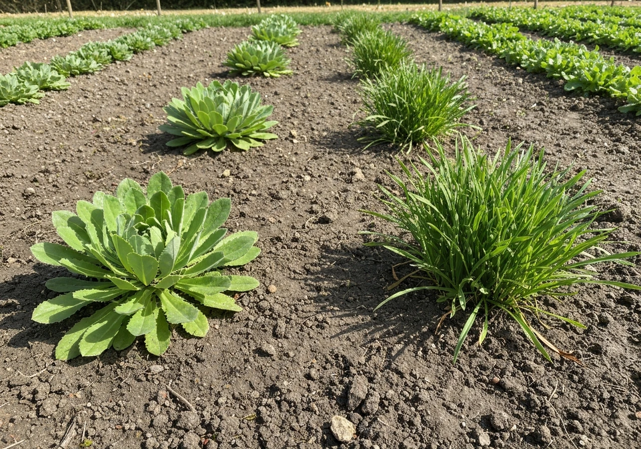 Pelouse avec deux types de mauvaises herbes : feuilles en rosette (annuelles) et graminées vivaces, vue au sol.