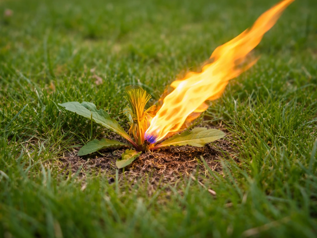 Flamme de désherbage thermique sur une mauvaise herbe isolée au ras du collet, sur gazon