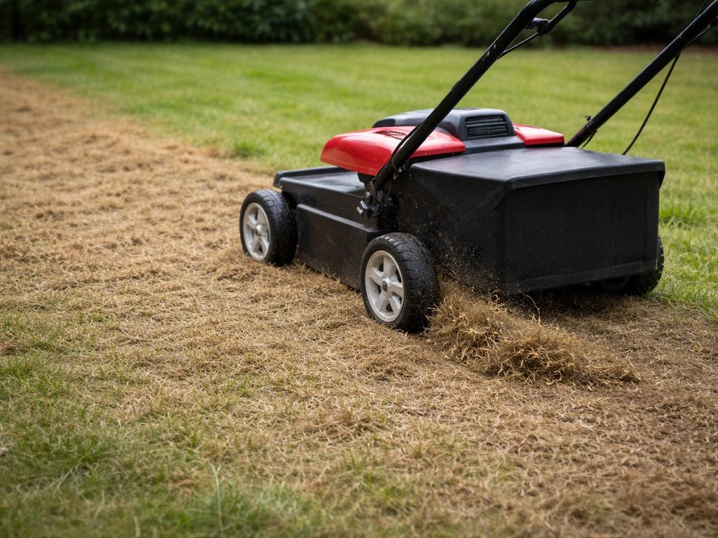Scarificateur à lames sur une pelouse feutrée, déchets végétaux visibles, herbe qui se régénère.