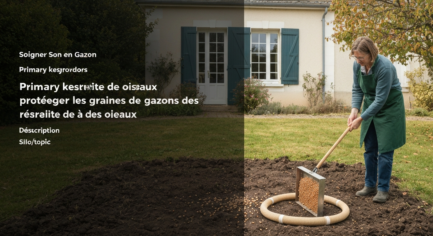 Préparation d'un semis de gazon : râteau, rouleau et voile de forçage prêts à l'emploi.