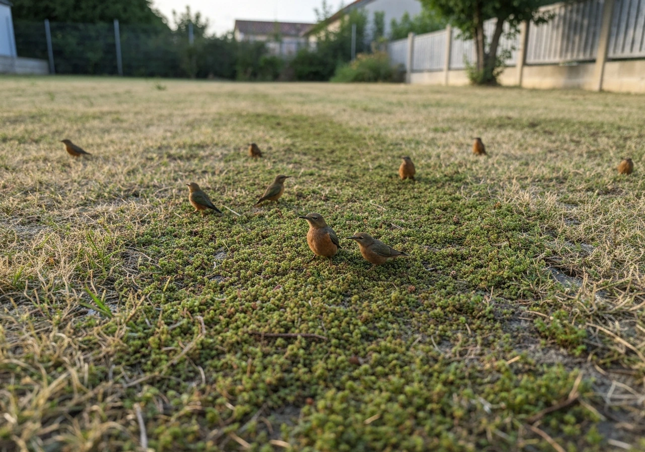 Pelouse avec du pourpier visible en touffes et zones clairsemées du gazon, sol légèrement humide.