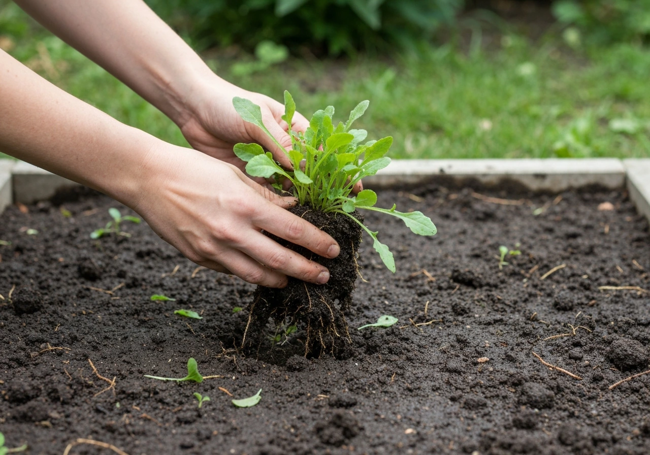 Mains gantées arrachant une touffe de pourpier, en retirant toute la plante d’un sol humide
