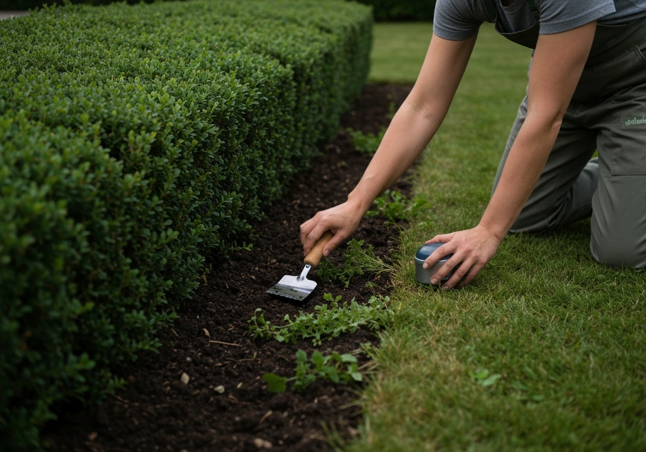 Un jardinier anonyme arrose et désherbe au pied d’une pelouse, avec gants et outils de jardin.