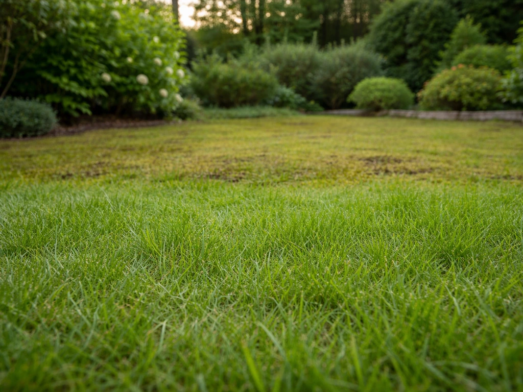 Pelouse française : mousse visible en arrière-plan et gazon qui repart au premier plan.