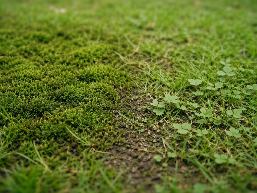 Gros plan d’une pelouse montrant mousse sombre et petites adventices herbacées voisines.