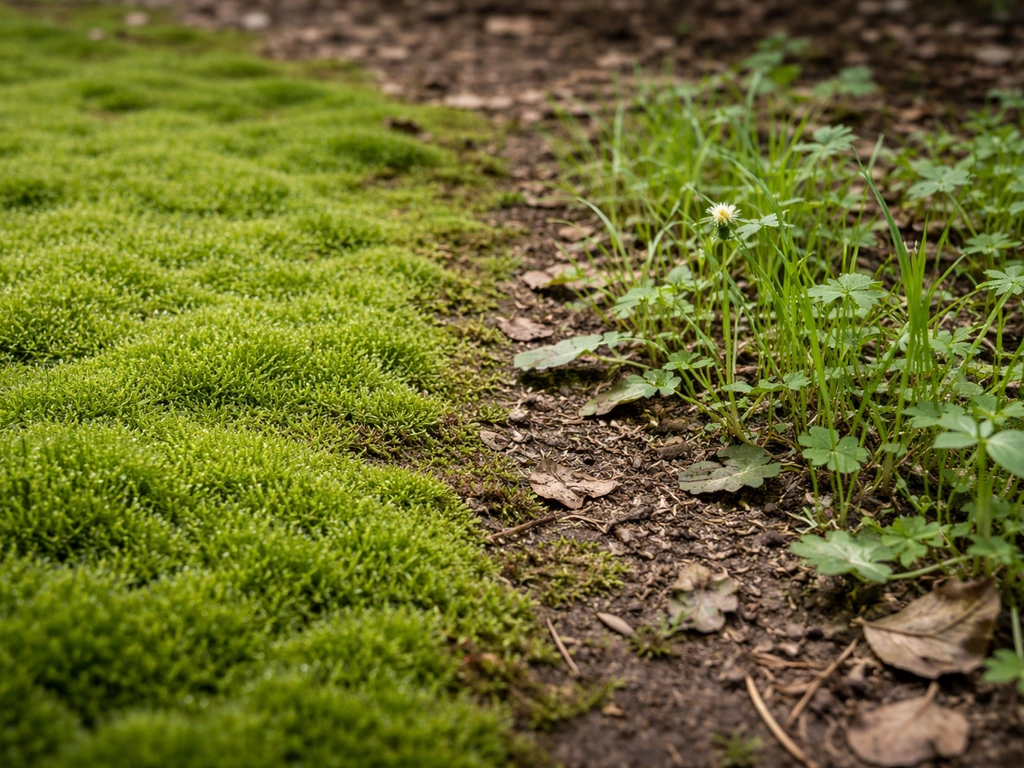 Mousse verte en tapis spongieux face à des mauvaises herbes à tiges et feuilles, vue au ras du sol.