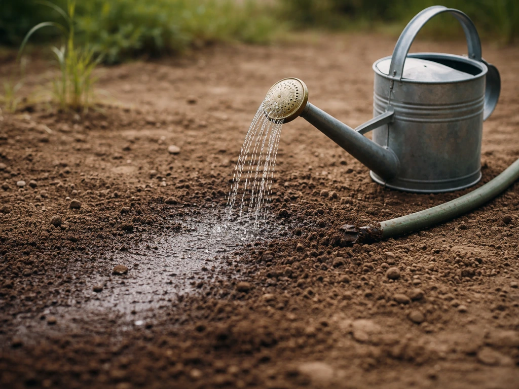 Arrosage profond : tuyau et arrosoir déposent l’eau dans un sol qui l’absorbe sans ruisseler.