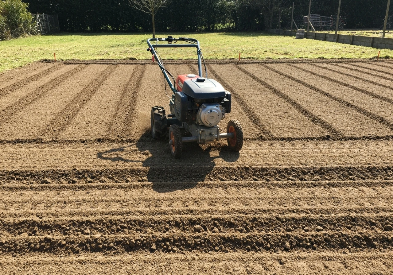 Motoculteur en action sur un sol fraîchement retourné, décompactage et incorporation d’amendements.