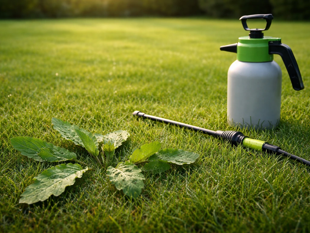 Gazon vert français avec quelques mauvaises herbes à feuilles larges et un pulvérisateur prêt à l’emploi, sans personne.
