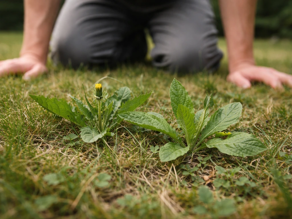 Personne à genoux dans le gazon, gros plan sur pissenlit et plantain, mousse/feutrage en arrière-plan flou. À genoux, ca