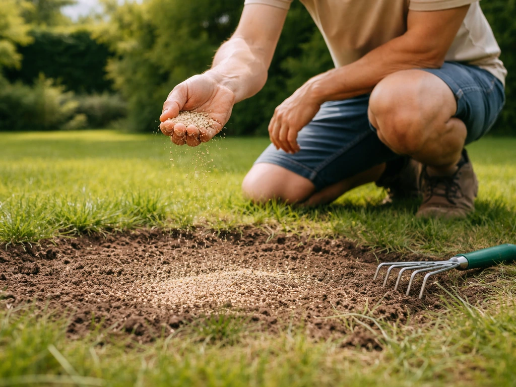 Accroupi sur une pelouse, un jardinier anonyme regarnit une zone dégarnie avec du terreau et des graines.