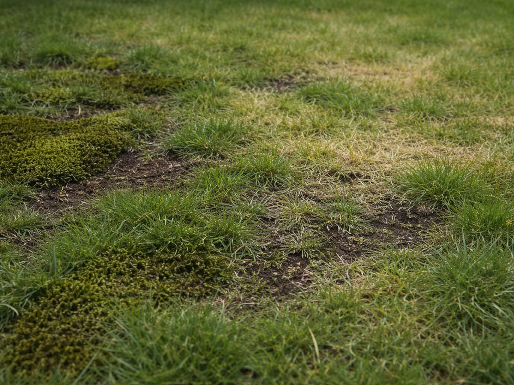 Gazon de jardin avec mousse, feutrage sombre et zones clairsemées, vue de près.