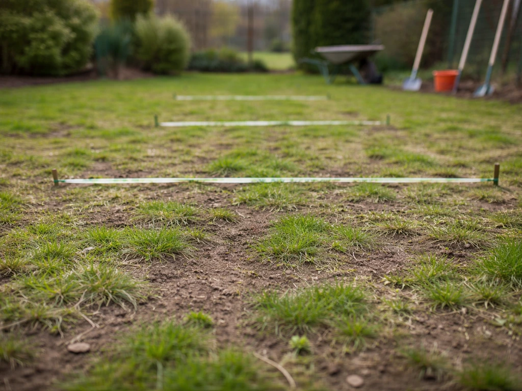 Pelouse au début du printemps, sol ressuyé et zones prêtes à être travaillées, vue réaliste et minimaliste