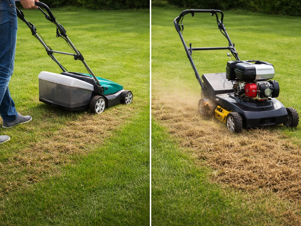 Scarificateur électrique et thermique côte à côte sur une pelouse, avec deux zones simples avant/après.