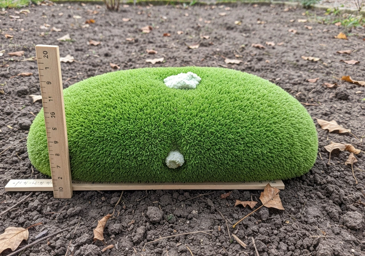Gazon récemment tondu de près avec un repère de hauteur au sol et une mousse discrète entre les brins.