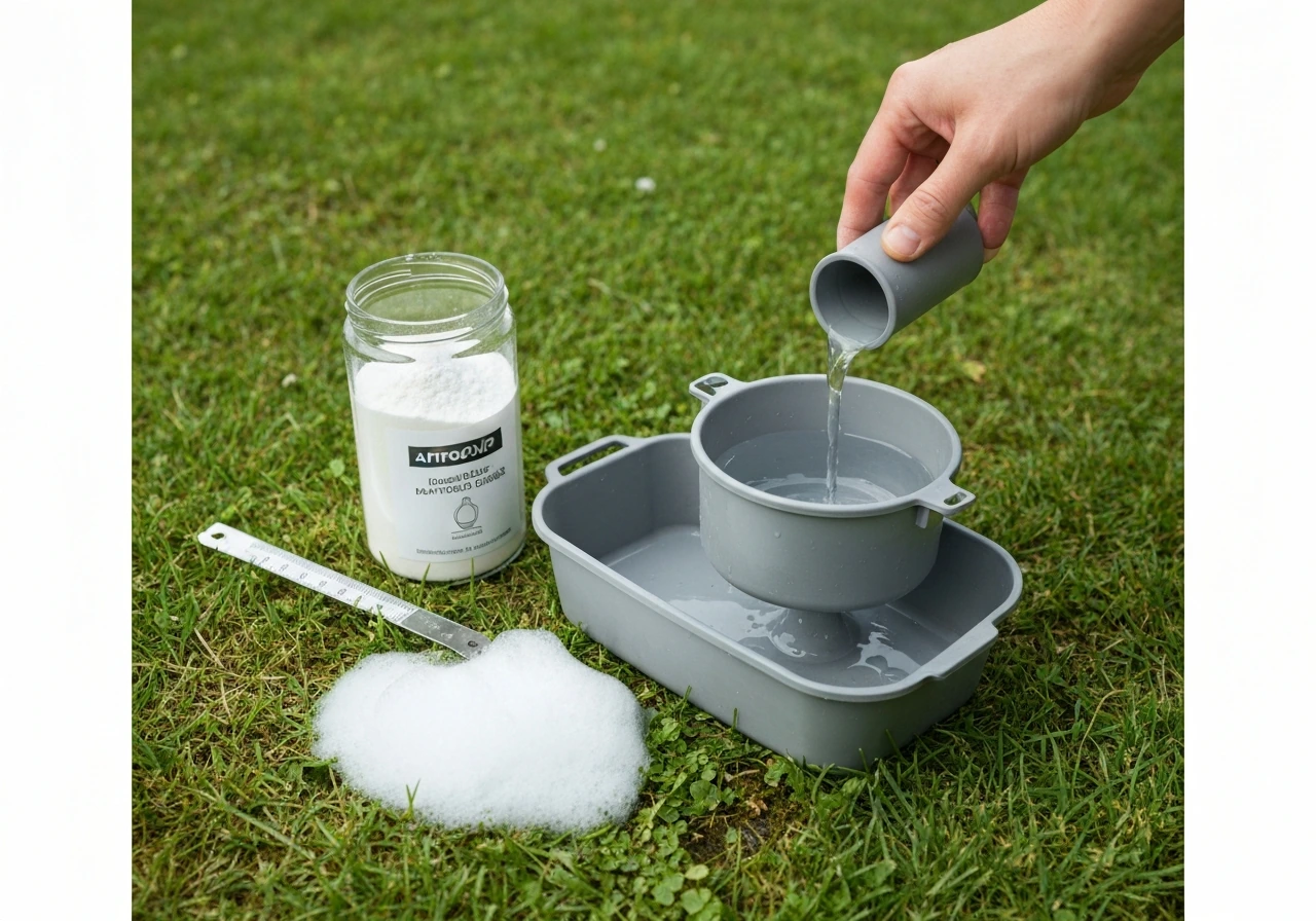 Ingrédients et arrosoir, avec solution au bicarbonate prête à être appliquée contre la mousse sur une pelouse.