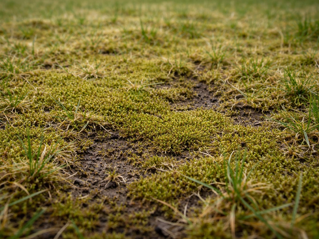 Gazon envahi par la mousse, brins clairsemés et feutrage vert près du sol.