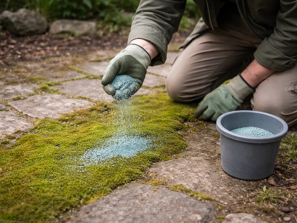 Granulés de sulfate de fer appliqués localement sur une mousse verte, dans un jardin au soleil.