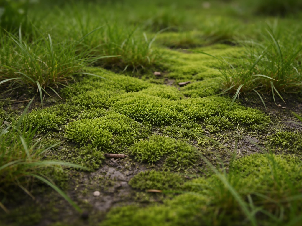 Gros plan sur une mousse dense dans la pelouse, zones plus sombres et humides visibles entre les brins d’herbe.