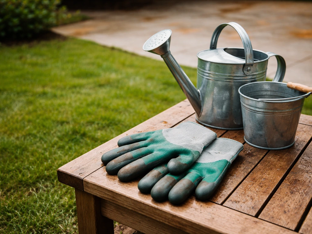 Gants de jardinier et arrosoir près d’une pelouse verte, avertissant de risque de taches orange sur dallage