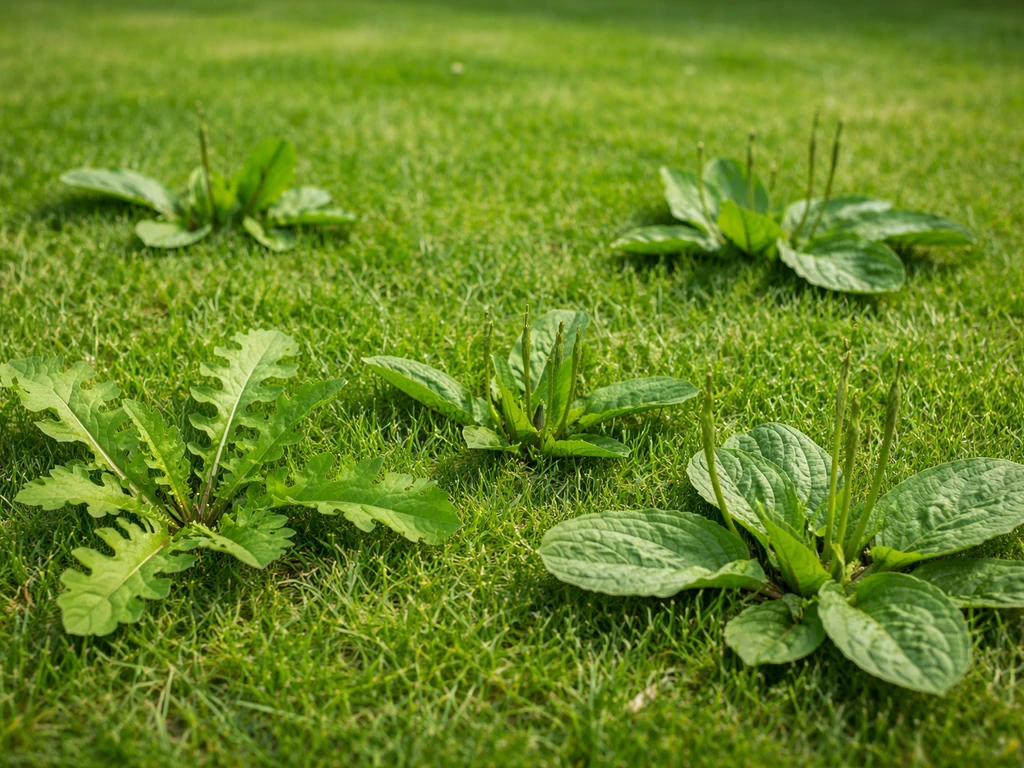 Adventices à feuilles larges dans une pelouse, prêtes à être identifiées avant de choisir un désherbant