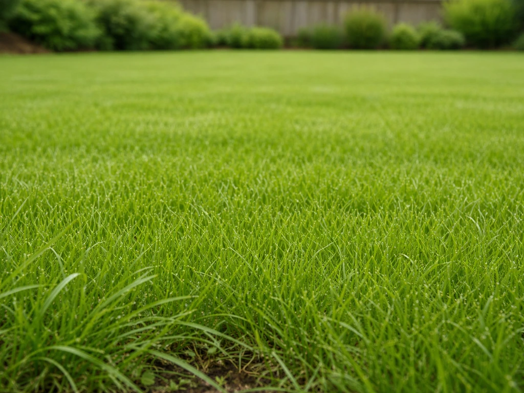 Pelouse verte homogène quelques jours après la tonte, vue depuis le sol, avant un traitement.