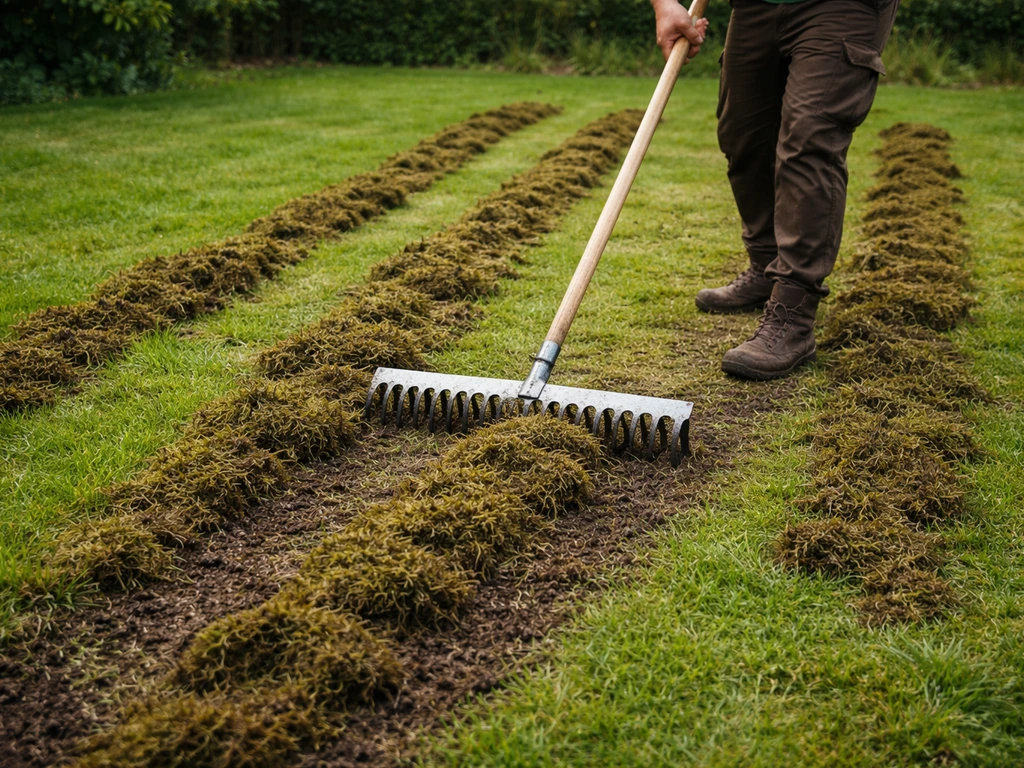 Un jardinier anonyme râteau à lames démousse la pelouse, soulevant du feutre en bandes sur le sol.